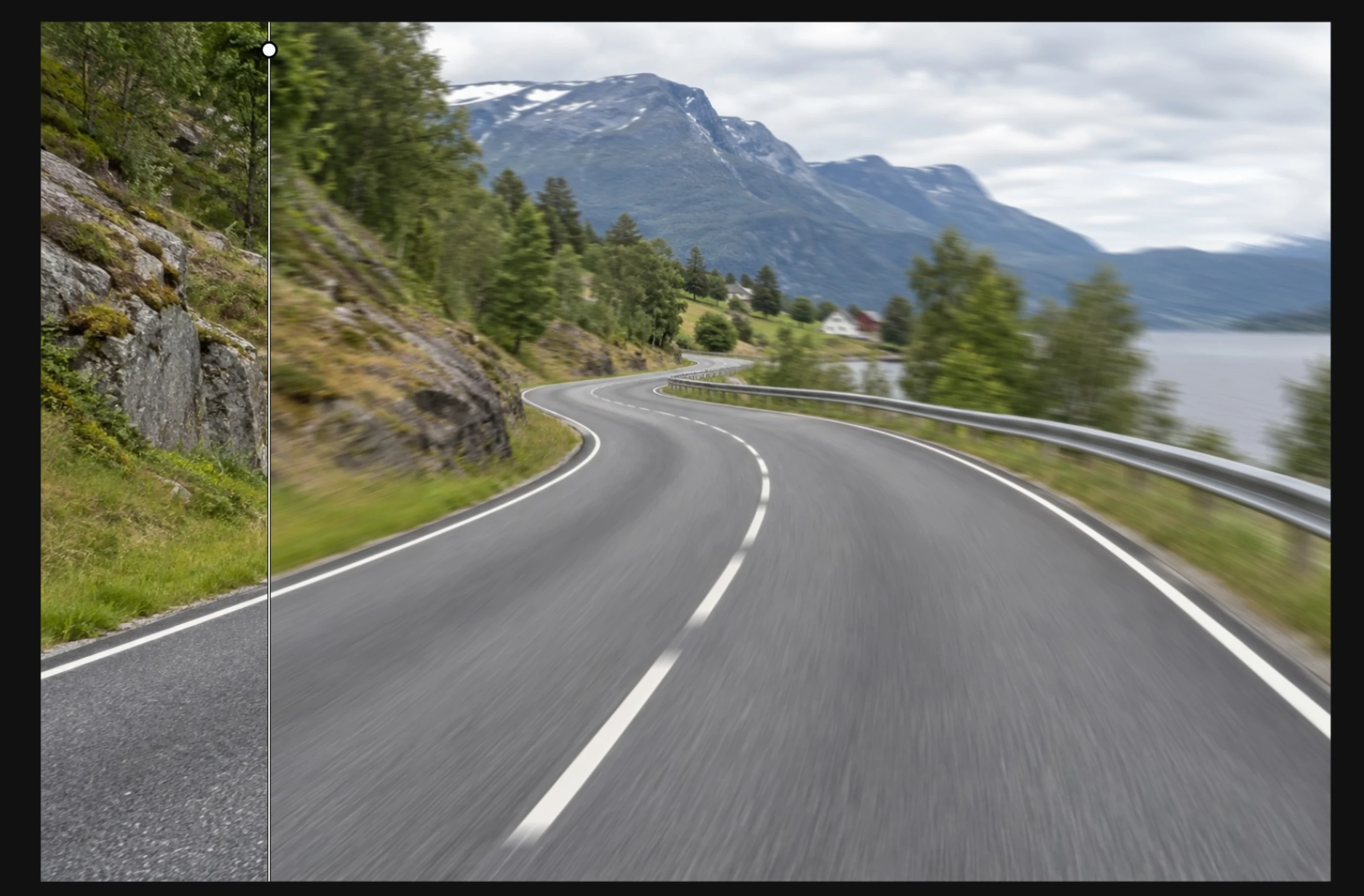 CurvEngine's before-and-after view: a sharp mountain road on the left and directional motion blur on the right