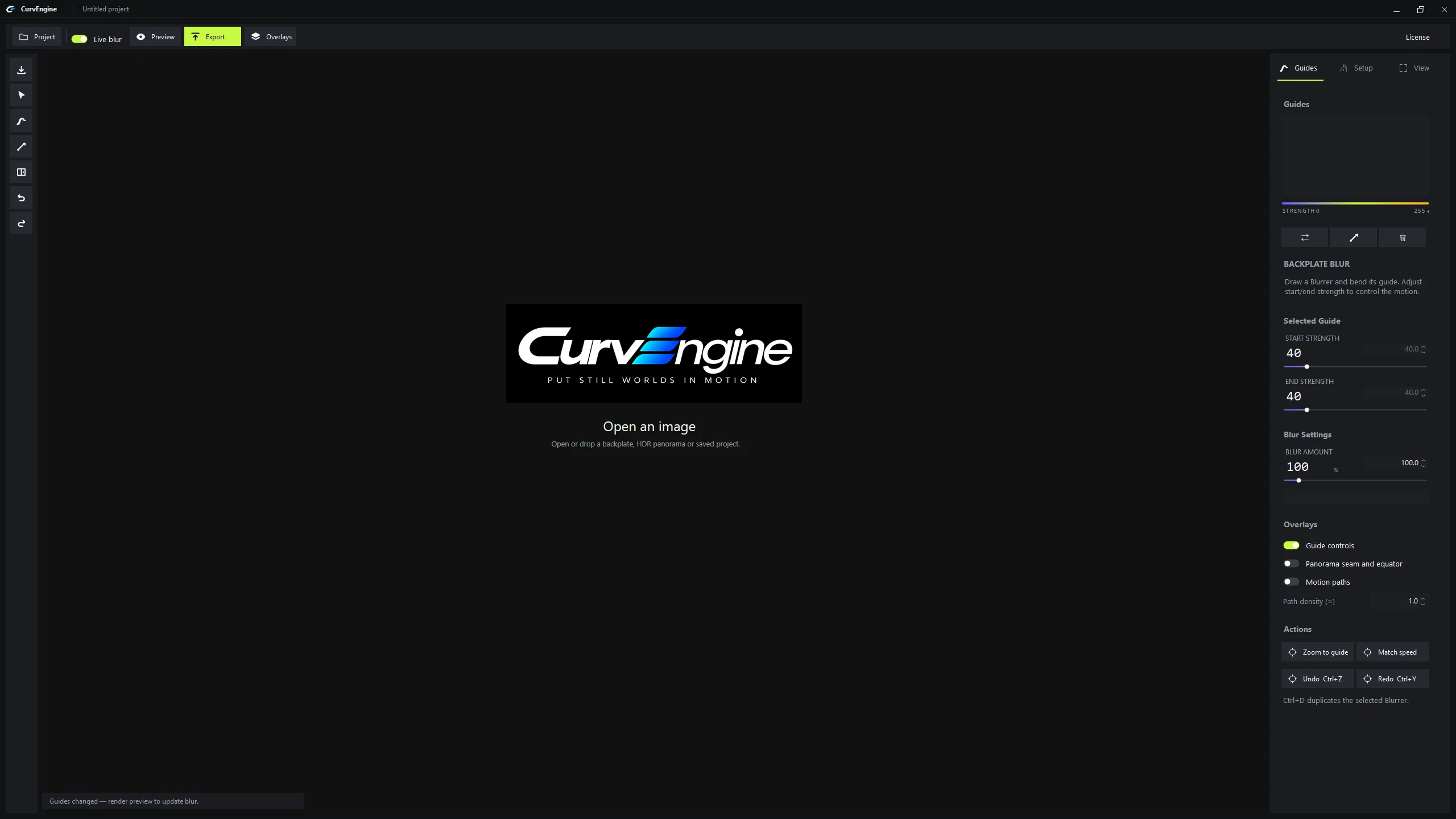 CurvEngine dark workspace with guide strengths and blur controls in the right sidebar