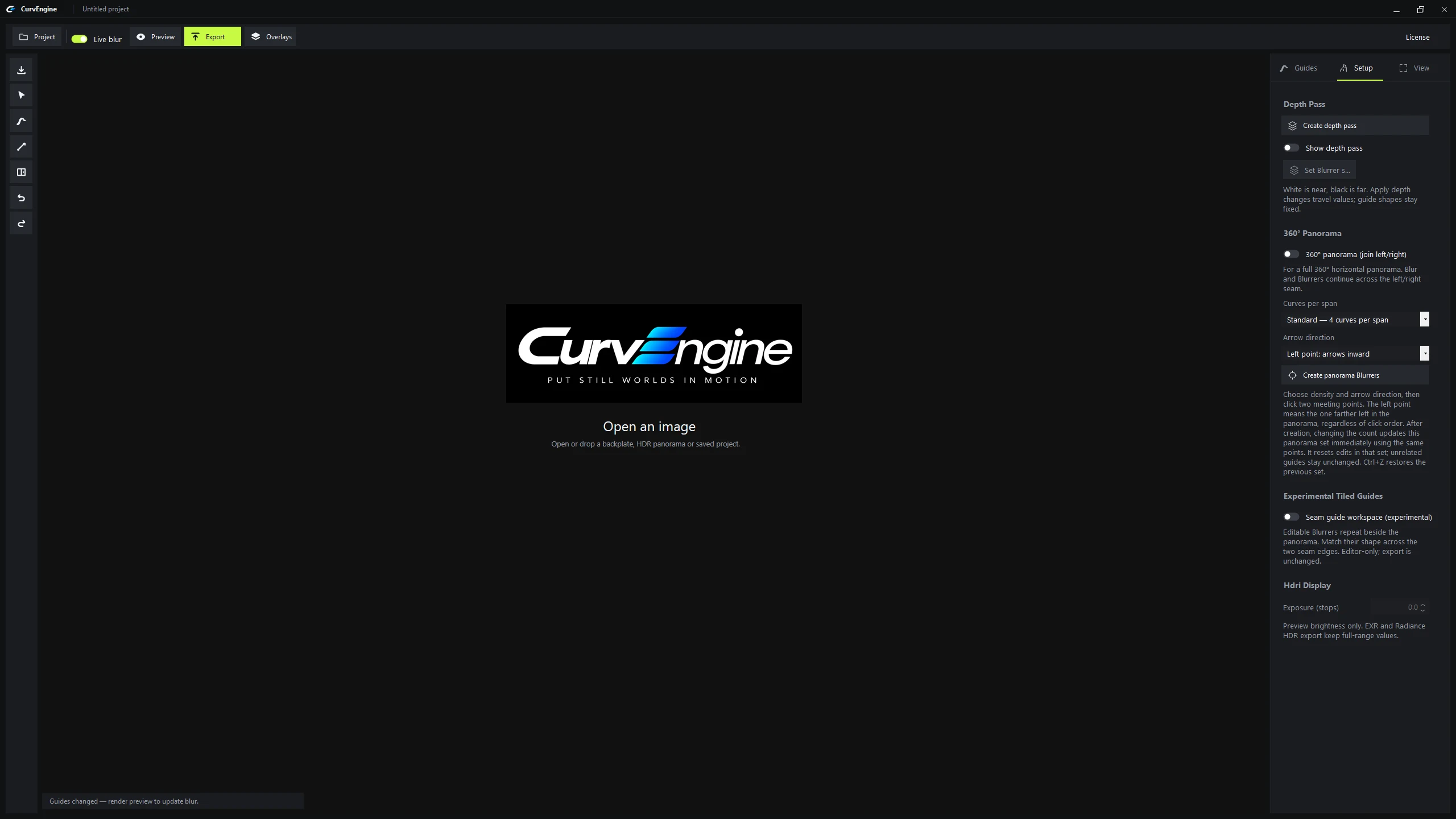 CurvEngine Setup tab with depth and 360-degree panorama controls
