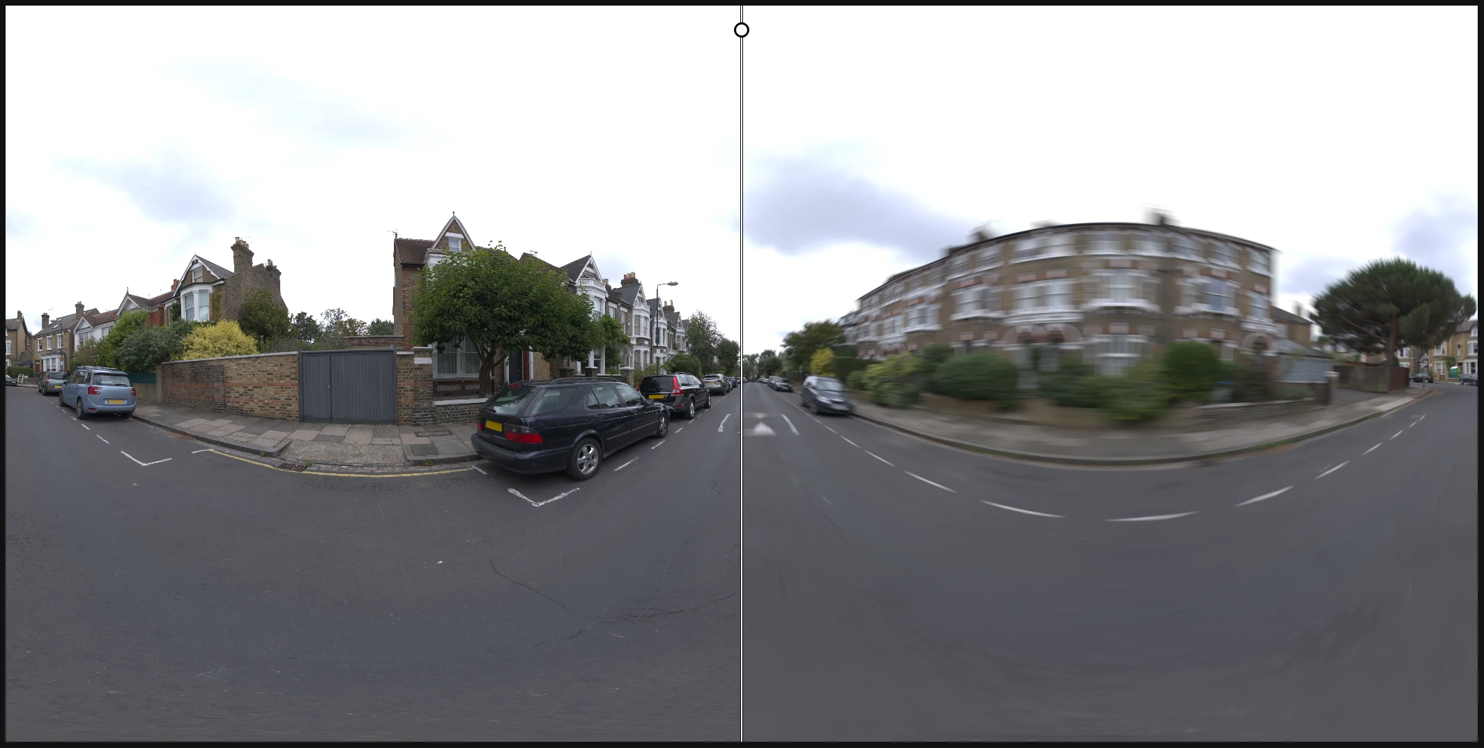Urban panorama comparison: sharp houses, cars and street on the left; CurvEngine motion blur on the right