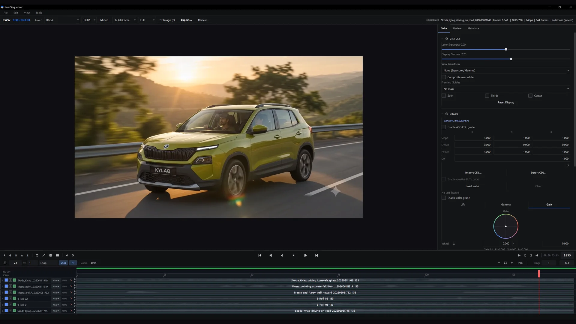 RAW Sequencer main interface showing an image sequence, display and grade controls, version stack and timeline