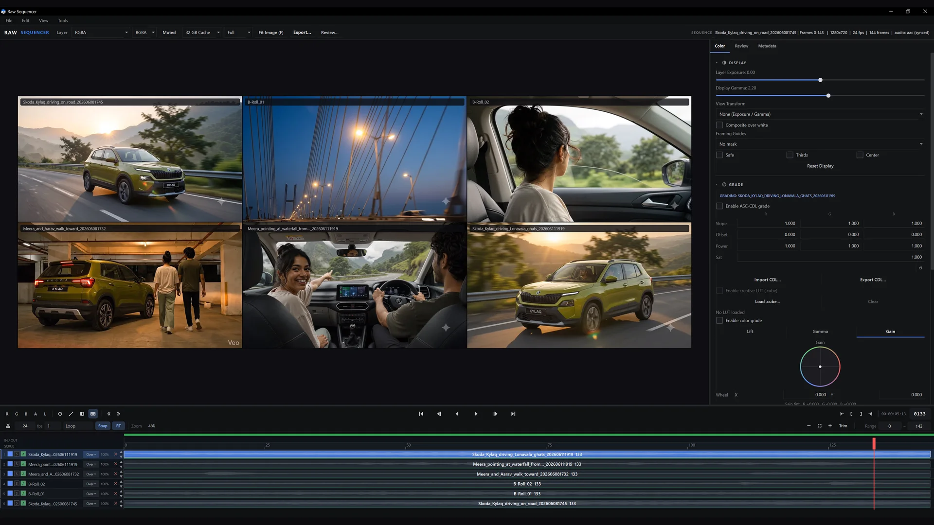 RAW Sequencer reviewing six clips at once in a grid, all synchronized to one timeline